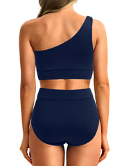 Emoswim - One Shoulder High Waisted Bikini Sets Two Piece Swimsuit Tummy Control-Pink