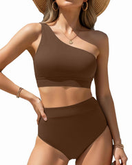 Emoswim - One Shoulder High Waisted Bikini Sets Two Piece Swimsuit Tummy Control-Pink