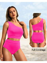 Emoswim - One Shoulder High Waisted Bikini Sets Two Piece Swimsuit Tummy Control-Black