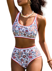 Emoswim - Women's Bikini Sets Floral Print Whip Stitch 2 Piece Swimsuits High Waisted Scoop Bathing Suits
