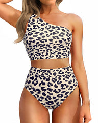 Emoswim - One Shoulder High Waisted Bikini Sets Two Piece Swimsuit Tummy Control-Pink