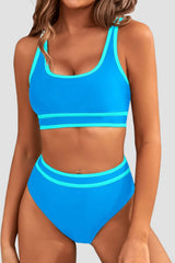 Emoswim - Women's High Waisted Bikini Sets Sporty Two Piece Swimsuits Color Block Cheeky High Cut Bathing Suits