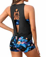 Emoswim - Women's 3 Piece Scoop Neck Criss Cross Tankini Swimsuits-Teal