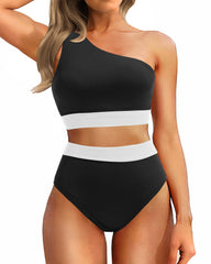 Emoswim - One Shoulder High Waisted Bikini Sets Two Piece Swimsuit Tummy Control-Pink