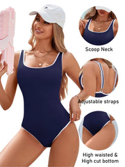 Emoswim - Women's One Piece Swimsuit Sports Adjustable Strap Bathing Suit Color Block Ribbed High Cut Swimsuits