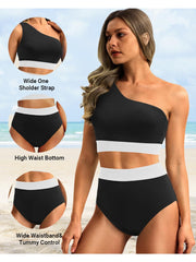 Emoswim - One Shoulder High Waisted Bikini Sets Two Piece Swimsuit Tummy Control-Black