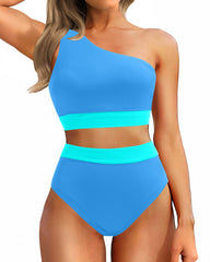 Emoswim - One Shoulder High Waisted Bikini Sets Two Piece Swimsuit Tummy Control-Pink