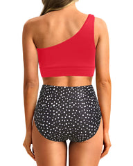 Emoswim - One Shoulder High Waisted Bikini Sets Two Piece Swimsuit Tummy Control-Pink