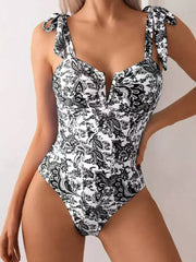 Emoswim - Women's One Piece Swimsuits Tummy Control Bathing Suits V Neck Boho Tie Shoulder Ruched Full