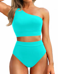 Emoswim - One Shoulder High Waisted Bikini Sets Two Piece Swimsuit Tummy Control-Pink