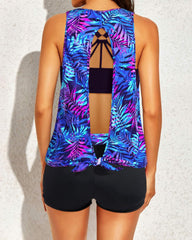 Emoswim - Women's 3 Piece Scoop Neck Criss Cross Tankini Swimsuits-Teal