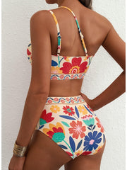 Emoswim - Women's High Waisted Bikini Sets One Shoulder Floral Print Swimsuits 2 piece Tummy Control Bathing Suits