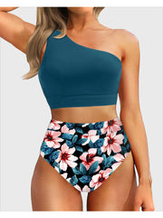 Emoswim - One Shoulder High Waisted Bikini Sets Two Piece Swimsuit Tummy Control-Black