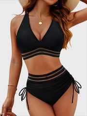Emoswim - Women High Waisted Bikini Sets Tummy Control Swimsuits Color Block Two Piece Drawstring Bathing Suit