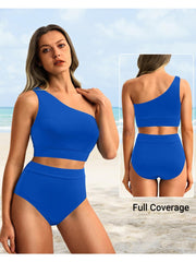 Emoswim - One Shoulder High Waisted Bikini Sets Two Piece Swimsuit Tummy Control-Black