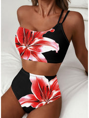 Emoswim - Women's High Waisted Bikini Sets One Shoulder Floral Print Swimsuits 2 piece Tummy Control Bathing Suits