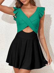 Emoswim - Women's One Piece Swimsuit Ruffle Cutout Swimdress Tummy Control V Neck Wrap Swimwear