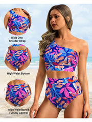 Emoswim - One Shoulder High Waisted Bikini Sets Two Piece Swimsuit Tummy Control-Black