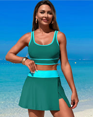 Emoswim - High Waisted Bikini Sets Tummy Control Swim Skirt Two Piece Swim Suit Tummy Control Color Block Bathing Suit