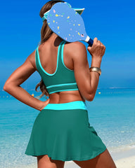 Emoswim - High Waisted Bikini Sets Tummy Control Swim Skirt Two Piece Swim Suit Tummy Control Color Block Bathing Suit