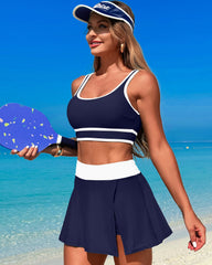 Emoswim - High Waisted Bikini Sets Tummy Control Swim Skirt Two Piece Swim Suit Tummy Control Color Block Bathing Suit