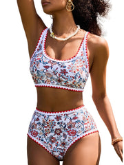 Emoswim - Women's Bikini Sets Floral Print Whip Stitch 2 Piece Swimsuits High Waisted Scoop Bathing Suits