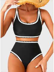 Emoswim - Women's Bikini Sets Floral Print Whip Stitch 2 Piece Swimsuits High Waisted Scoop Bathing Suits