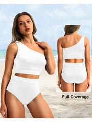 Emoswim - One Shoulder High Waisted Bikini Sets Two Piece Swimsuit Tummy Control-Black