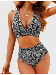 Emoswim - Women Embroidery Print High Waisted Bikini Sets V Neck Tummy Control Bathing Suit Two Piece Curvy Swimsuits