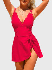 Emoswim - Womens One Piece Swimsuit Tummy Control Bathing Suit Scalloped Modest Tie Knot Swim Dress
