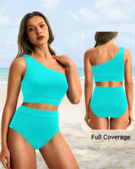 Emoswim - One Shoulder High Waisted Bikini Sets Two Piece Swimsuit Tummy Control-Pink