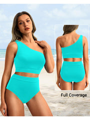 Emoswim - One Shoulder High Waisted Bikini Sets Two Piece Swimsuit Tummy Control-Black