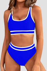 Emoswim - Women's High Waisted Bikini Sets Sporty Two Piece Swimsuits Color Block Cheeky High Cut Bathing Suits
