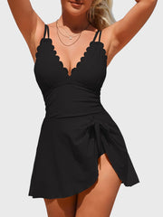 Emoswim - Womens One Piece Swimsuit Tummy Control Bathing Suit Scalloped Modest Tie Knot Swim Dress