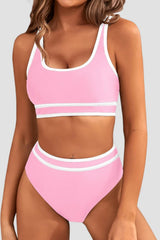 Emoswim - Women's High Waisted Bikini Sets Sporty Two Piece Swimsuits Color Block Cheeky High Cut Bathing Suits