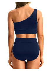 Emoswim - One Shoulder High Waisted Bikini Sets Two Piece Swimsuit Tummy Control-Black