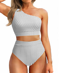 Emoswim - One Shoulder High Waisted Bikini Sets Two Piece Swimsuit Tummy Control-Pink