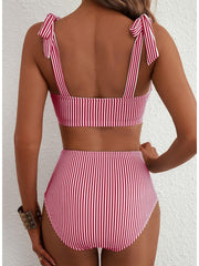 Emoswim - Women's Tie Shoulder Bikini Sets 2 Piece Striped Swimsuits High Waisted Bathing Suits