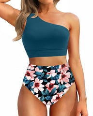 Emoswim - One Shoulder High Waisted Bikini Sets Two Piece Swimsuit Tummy Control-Pink