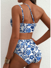 Emoswim - Women's High Waisted Bikini Sets One Shoulder Floral Print Swimsuits 2 piece Tummy Control Bathing Suits