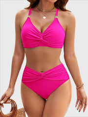 Emoswim - Women's High Waisted Bikini Sets Matel Tummy Control Swimsuits V Neck Twist Front Bathing Suit