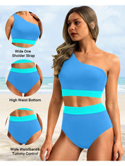 Emoswim - One Shoulder High Waisted Bikini Sets Two Piece Swimsuit Tummy Control-Black