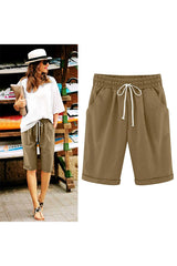 Emoswim - Women's Elastic Waist Knee Length Casual Cotton Bermuda Shorts with Drawstring