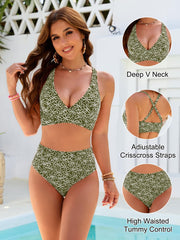 Emoswim - Women Embroidery Print High Waisted Bikini Sets V Neck Tummy Control Bathing Suit Two Piece Curvy Swimsuits