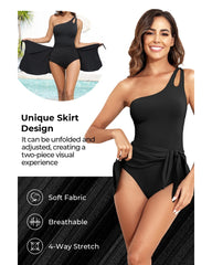 Emoswim - One Shoulder One Piece Swim Dress for Women Tummy Control Swimsuit with Skirt