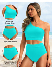 Emoswim - One Shoulder High Waisted Bikini Sets Two Piece Swimsuit Tummy Control-Black