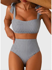 Emoswim - Women's Tie Shoulder Bikini Sets 2 Piece Striped Swimsuits High Waisted Bathing Suits