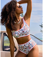 Emoswim - Women's Bikini Sets Floral Print Whip Stitch 2 Piece Swimsuits High Waisted Scoop Bathing Suits