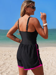Emoswim - Women's Colorblock Sporty Tummy Control One Piece Bathing Suit with Shorts Pockets