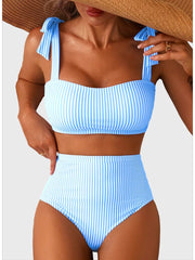 Emoswim - Women's Tie Shoulder Bikini Sets 2 Piece Striped Swimsuits High Waisted Bathing Suits